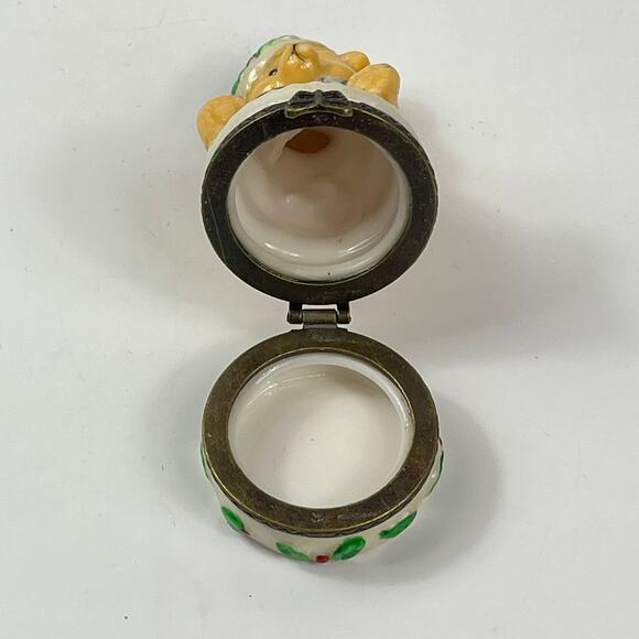 Porcelain Bear Trinket Box Christmas Santa Hat Kitten Holly Hinged Lid Decor - Picture 7 of 9